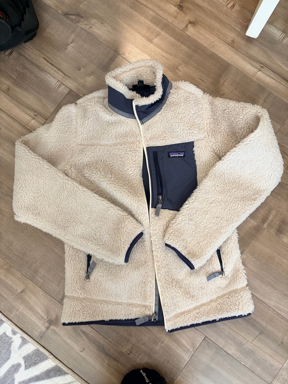 Patagonia Cream Sherpa Jacket with Navy Accents